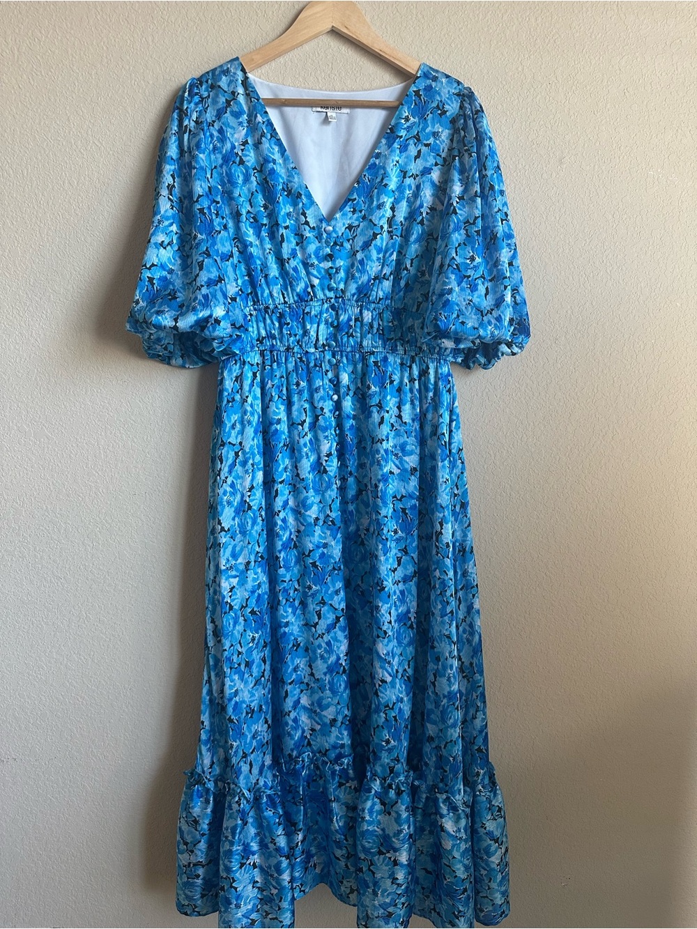 Kensie Blue Floral V-Neck Midi with Puff Sleeves Size 12